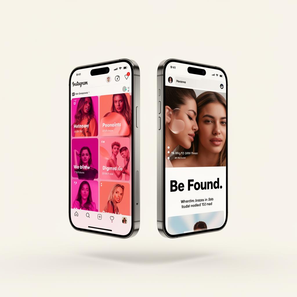 Phone mockups showing social feed and mobile website